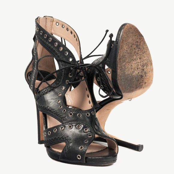 Miu Miu Black Leather Grommet Lace-Up Sandals - Picture 4 of 10